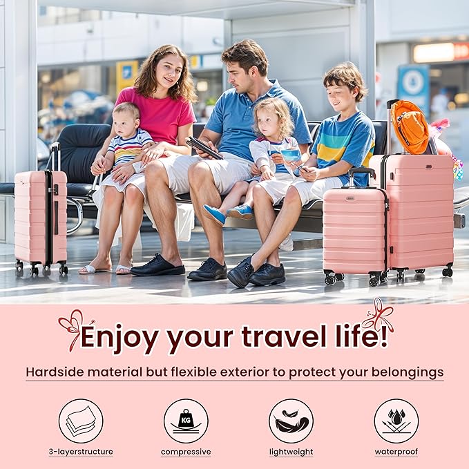 AnyZip Luggage Sets 10 Piece Hardshell Suitcase Set PC ABS Lightweight Travel Suitcases with 4 Double Spinner Wheels TSA Lock 20 24 28 Inch with 7 Storage Bags Pink