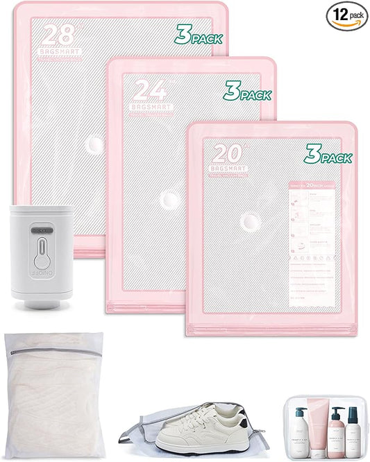 BAGSMART Vacuum Storage Bags with Portable Pump, Travel Space Saver Bags for Clothes, Heavy Duty Compression Bags for Storage, Vacuum Seal Bags with Hand Pump, Travel Essentials for Packing-Pink