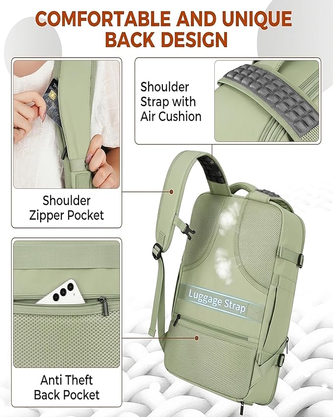 Vancropak Carry on Backpack for Women, Large Expandable Travel Backpack Fits 17.3" Laptop, Airplane Approved Suitcase Bag with Shoe Compartment, Lightweight Anti Theft Weekender Bag for Travel, Green