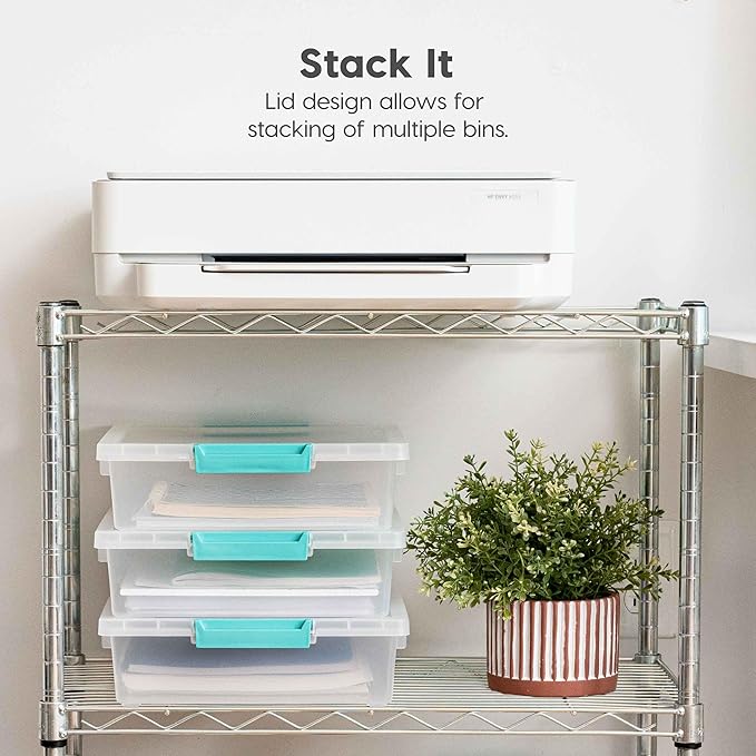IRIS USA 6 Qt. Craft Storage Bins with Lids, 4-Pack, |Made in USA|, Clip Box, Small Plastic Sensory Bin Tote Organizer Containers for Art Supplies, Paper, & Office, Stackable - Clear/Seafoam Blue