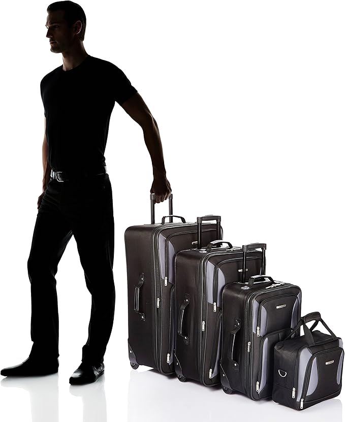 Rockland Journey Softside Upright Luggage Set,Expandable, Black/Gray, 4-Piece (14/19/24/28)