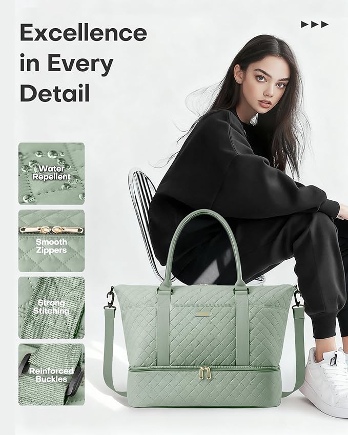 HOTOR Travel Duffel Bag - Weekender Bags for Women, Gym Tote Bags with Shoe Compartment, Carry On Overnight Bag with Toiletry Bag for Travel Essentials and Travel Accessories, Green, 13.4"×17.3"×7.9"