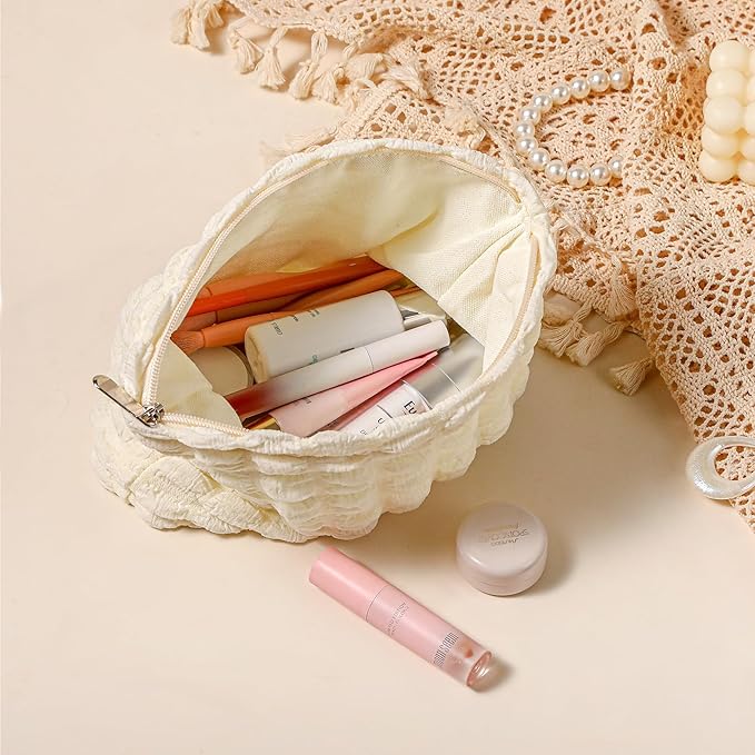 Makeup Bag, Bubble Cloud Travel Cosmetic Bag Organizer, Large Capacity Toiletry Make Up Bags with Zipper for Women and Girls, Off-white