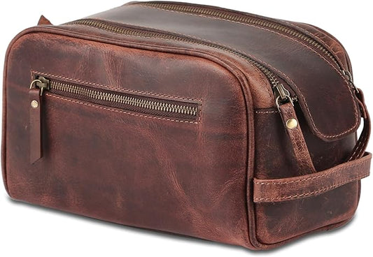 KomalC Travel Toiletry Bag – Premium Leather Dopp Kit for Men & Women with Water-Resistant Lining & Spacious Zippered Organizer