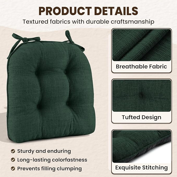 downluxe Indoor Chair Cushions for Dining Chairs, Tufted Overstuffed Textured Kitchen Chair Pads with Ties and Non-Slip Backing, 15.5" x 15.5" x 4", Dark Green, 4 Pack