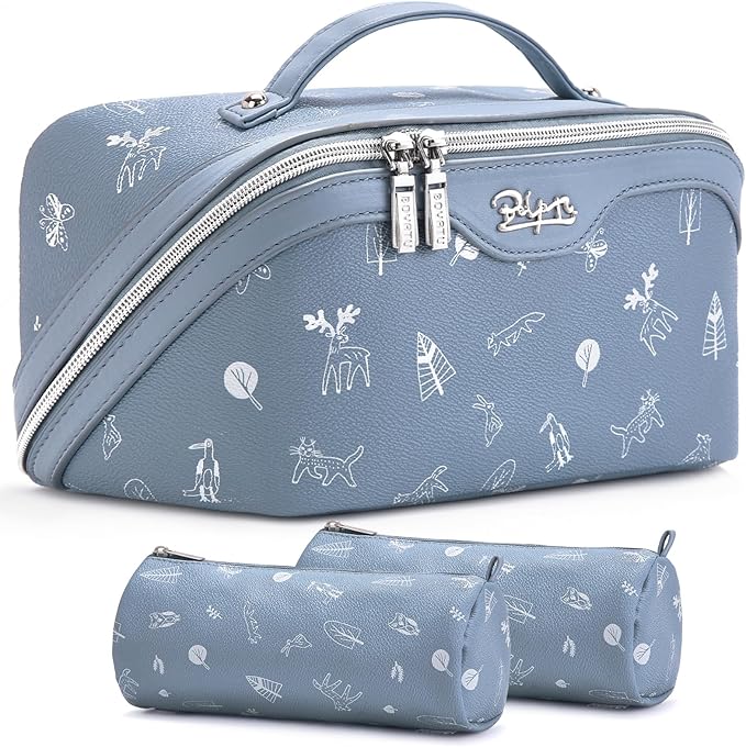 BOYATU Travel Makeup Bag Cosmetic Bags for Women: 3 Pcs Set Portable Make up Bag with Handle - PU Leather Toiletry Bags with Compartments - Makeup Organizer for Travel Essentials(L-2-Blue)