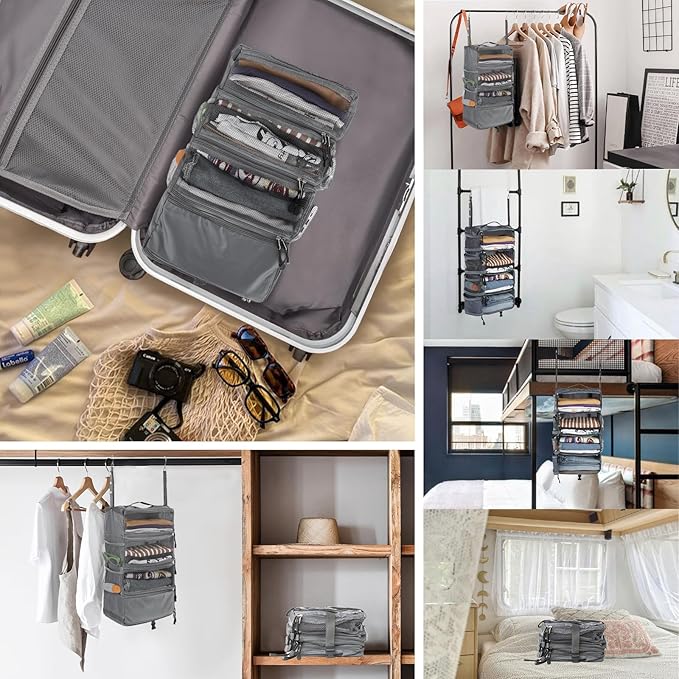 Surblue Travel Hanging Luggage Organizer Portable Suitcase Closet Organizer Multiple Compartments Collapsible Compression Packing Cubes Shelf, LightGray, S