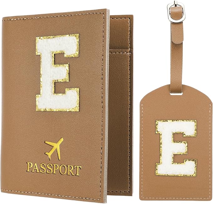 PATIKIL Passport Holder for Travel, Initial Passport Cover and Luggage Tag Set with Alphabet Chenille Letter Patch Travel Wallet Bag Suitcase Identifier for Women Family Travel Brown E