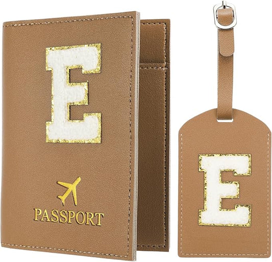 PATIKIL Passport Holder for Travel, Initial Passport Cover and Luggage Tag Set with Alphabet Chenille Letter Patch Travel Wallet Bag Suitcase Identifier for Women Family Travel Brown E
