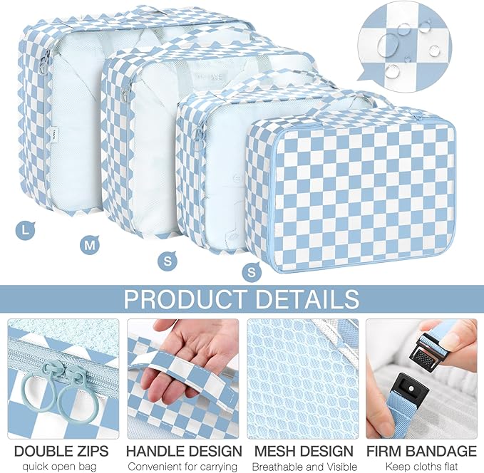 8 Set Packing Cubes for Travel, Luggage Packing Organizers Accessories Large Toiletries Bag for Clothes Shoes Cosmetics (Blue Checkered)