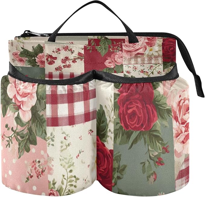 Luggage Cup Holder for Suitcases Free Hands Travel Cup Holder Portable Suitcase Cup Drink Holder Luggage Cup Caddy Bag Carrier Vintage Red Roses Patchwork