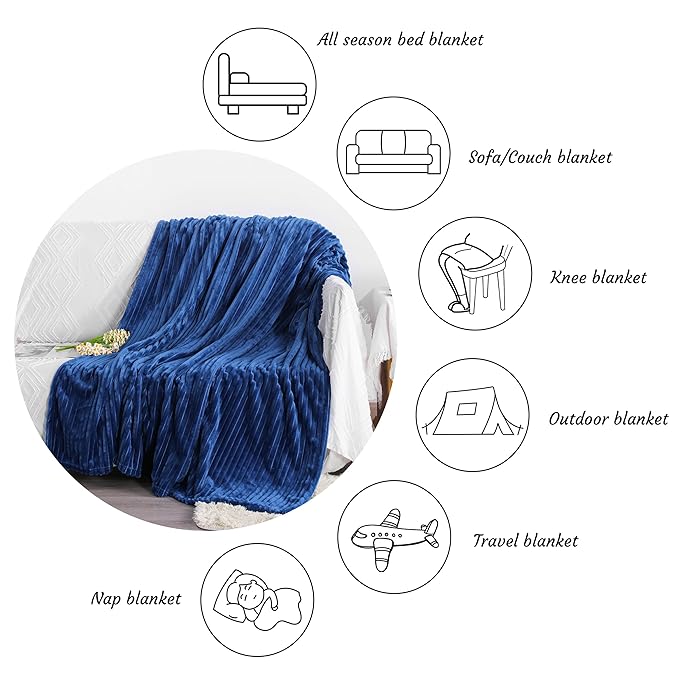 NTBAY Plush Flannel Twin Bed Blanket, 60X80 Inches Soft and Warm Lightweight Blanket with Striped Texture Bed Blanket for Couch Sofa Bed All Seasons, 60"x80", Navy Blue