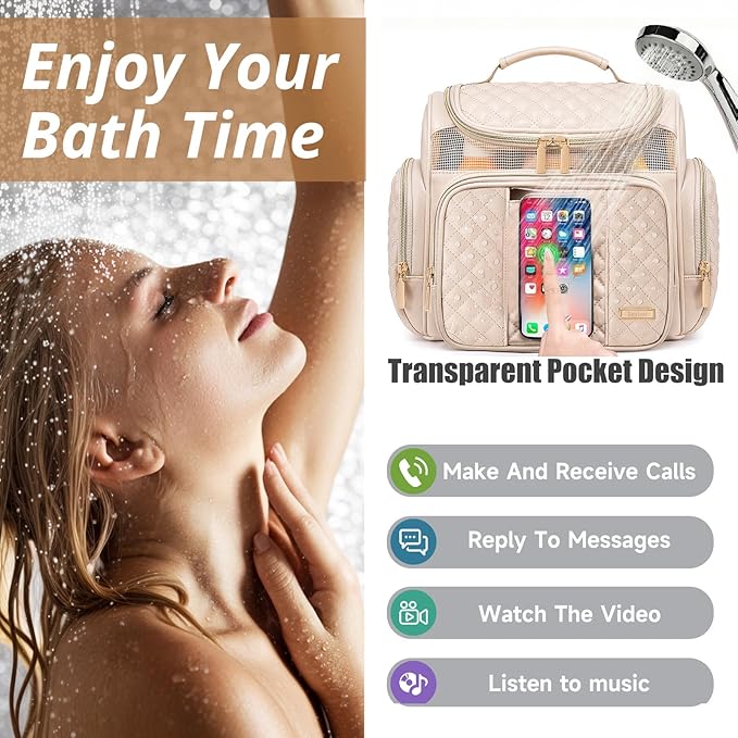 Large Leather Toiletry Bag for Women Men,Bathroom Bag,Water Resistant Shower Bag,Makeup Bag,Portable Shower Caddy for College Dorm,Hanging Travel Toiletry Bag with Transparent Waterproof Phone Pocket