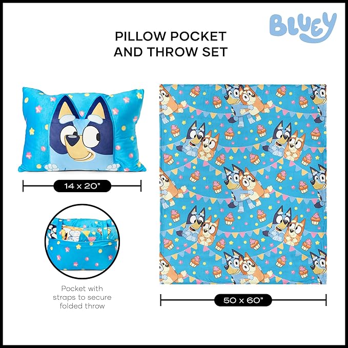 Northwest Bluey Party Pups Silk Touch Throw Blanket 50 x 60 Inches with Bluey Plush Pocket Pillow 14 x 20 Inches - Comfy & Cozy Bluey Blanket & Pillow Set for Boys and Girls