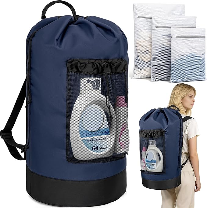 150L Laundry Bag Backpack with 3 Sizes Mesh Wash Bags and Shoulder Straps Foldable Clothes Hamper Bag with Drawstring Closure for College, Apartment, Laundromat (Navy)