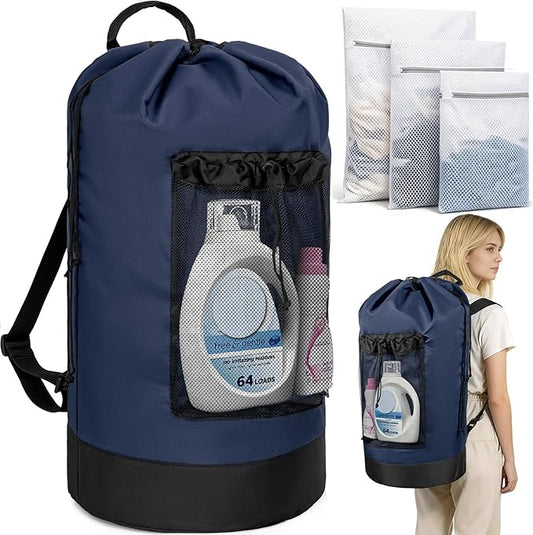 150L Laundry Bag Backpack with 3 Sizes Mesh Wash Bags and Shoulder Straps Foldable Clothes Hamper Bag with Drawstring Closure for College, Apartment, Laundromat (Navy)
