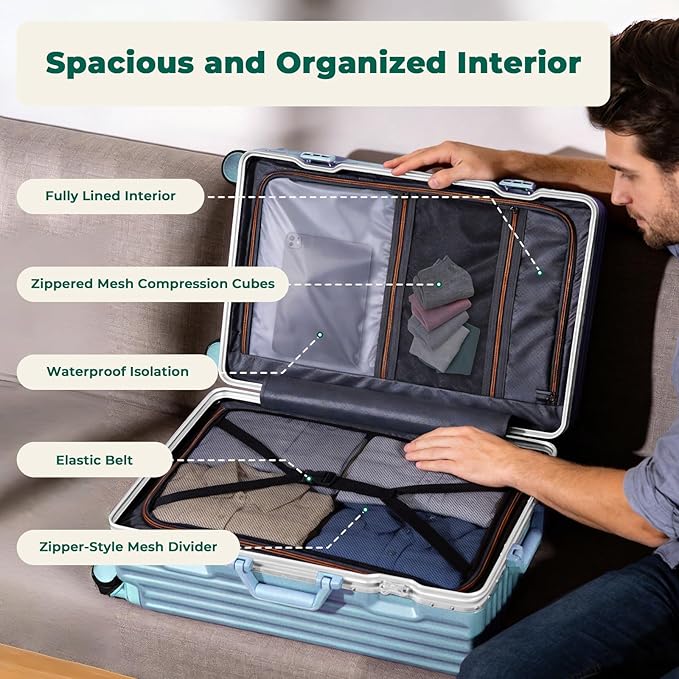 20 Inch Carry On Luggage, Aluminum Frame Zipperless Luggage, Hard Shell Suitcase with Charging Port, Cup Holder, TSA Lock, Phone Holder for Travel and Business Travel