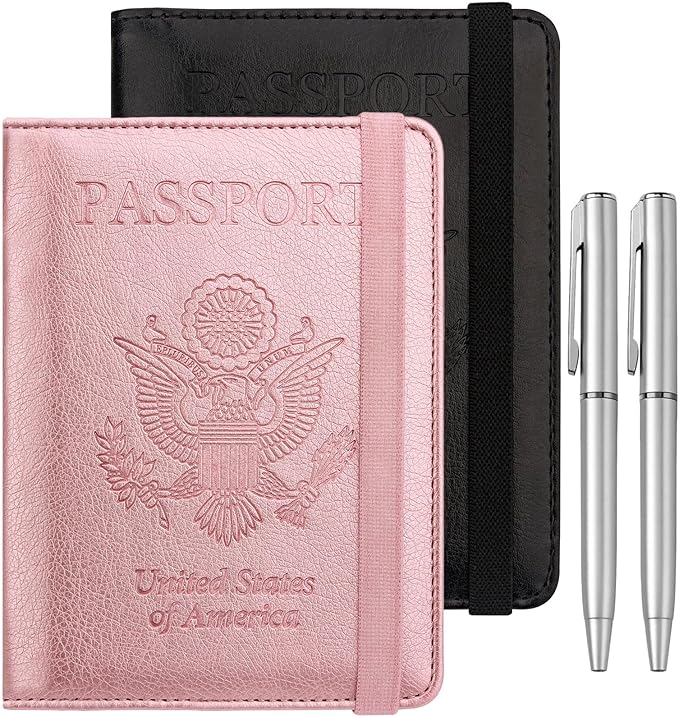 WALNEW Passport Holder for Travel, RFID Passport Cover Wallet for Women Men, PU Leather Passport Book Card Holder Case with Pen, Travelling Essentials for Flying