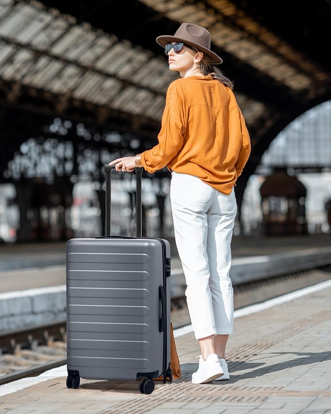 NINETYGO Large Checked Luggage 28 Inch, Checking In Luggage with Smooth Spinner Wheels, Expandable, Hard Shell PC Suitcase, Lightweight Travel Luggage, TSA Approved (Grey, Rhine Max)
