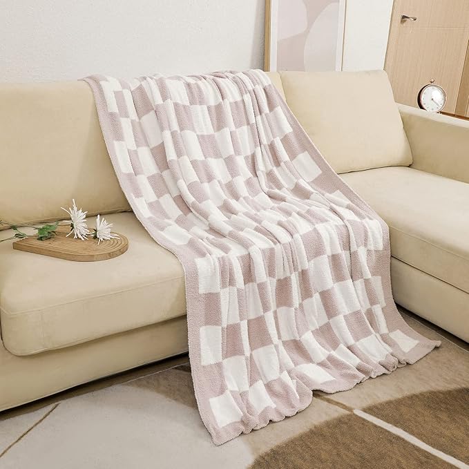 bearberry Fuzzy Checkerboard Grid Throw Blanket Knitted Soft Cozy Warm Microfiber Blanket Decor for Couch Sofa Bed Travel Home (Cream, 40''x50'')