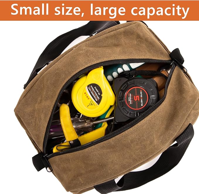 Small Tool Bag, Canvas Tool Storage Bag, Large Capacity Multipurpose Zipper Soft Tote Organizer Pouch for Electrician, Plumbing, Gardening,Tools Bags for Men (Brown, 12 Inch)