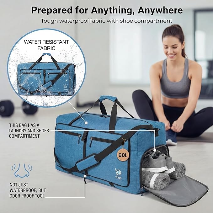 Bago Medium Duffle Bag for Travel Women & Men. Durable Lightweight Foldable Travel Duffel Bags For Traveling Women. 60L Duffle Bags For Overnight Bag With Shoe Compartment Collapsible Weekender duffel
