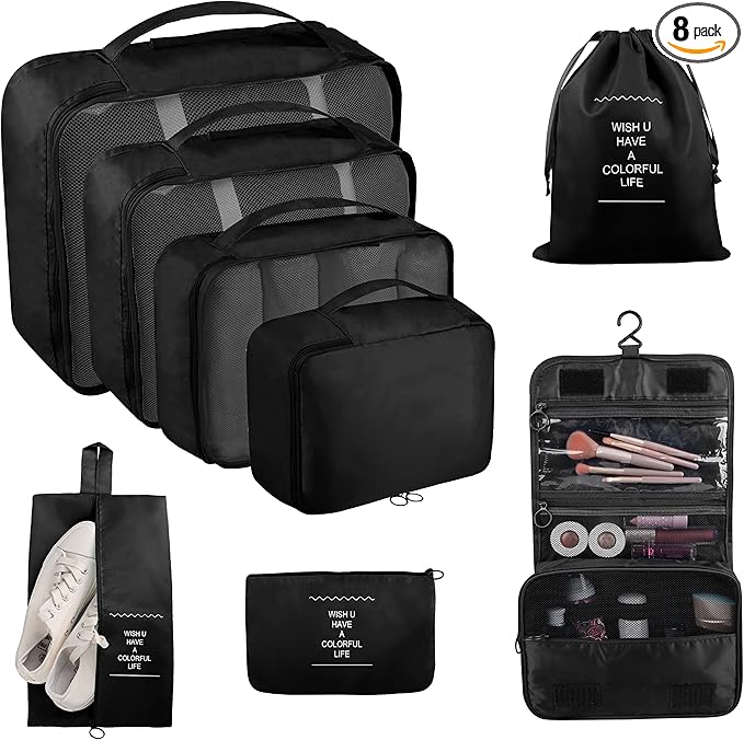 Packing Cubes, 8 Pcs Travel Packing Organizers for Suitcases, Large Capacity Travel Luggage Organizers Set includes 8 Storage Bags, Travel Essentials for Women or Men (Black)