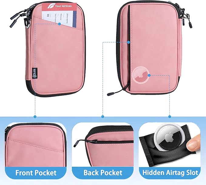 family passport holder for 4 multiple passport bag for travel passport cover rfid blocking for women waterproof wallet with zipper airtag passport case for men (pink with faint patterns)