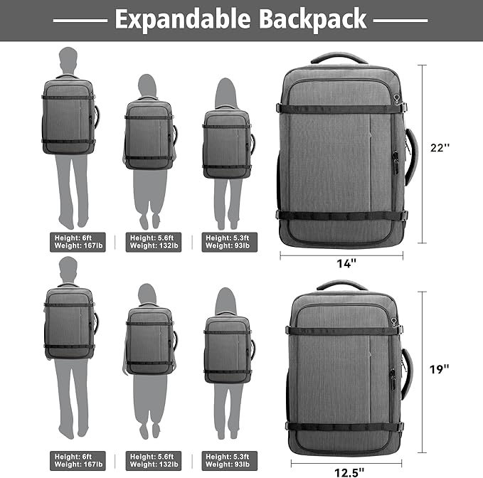 Comfort Travel Backpack with LifetimeWarranty,Expandable Carry on Backpack 1-5 Days with USB Cable Port,Fits 17.3" Laptop Notebook,Water Resistant Backpack Flight Approved Hiking,College Travel,Grey