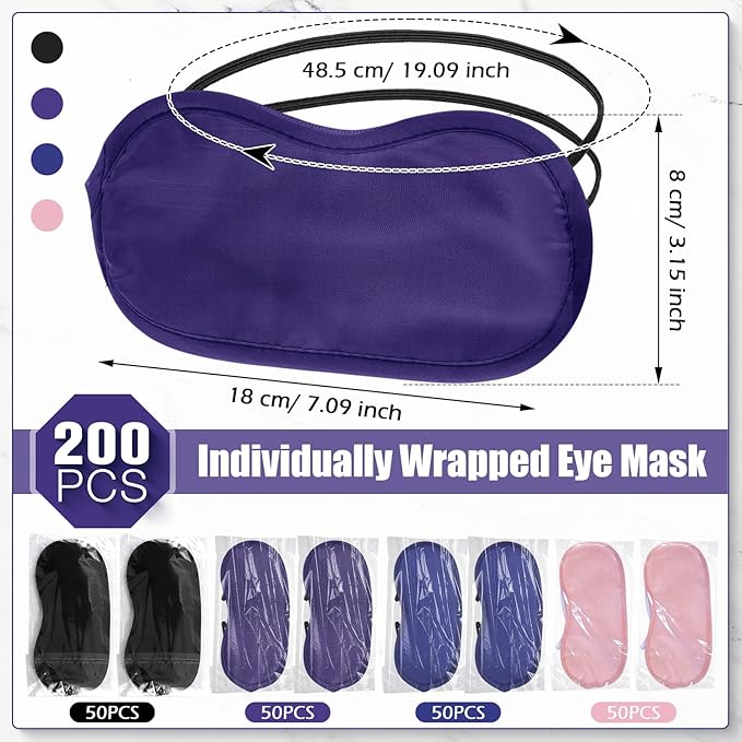 Tarpop 200 Pcs Eye Mask Sleeping Blindfold Eye Cover with Adjustable Strap for Games Party Team Building Travel Individually Wrapped Sleep Mask for Women Men (Black,Blue,Purple,Pink)