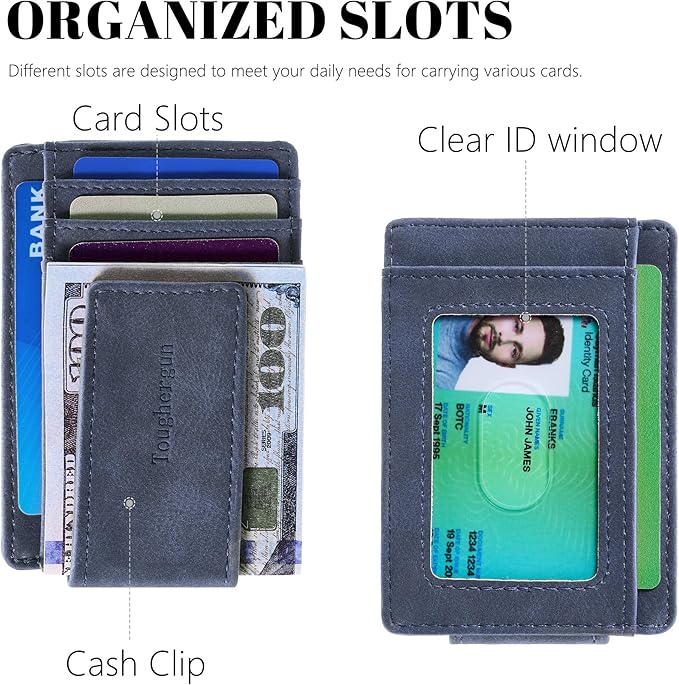 Toughergun Slim Wallet for Men RFID Blocking Money Clip, Minimalist Front Pocket Credit Card Holder, Magnetic Thin Mens Wallets with ID Window