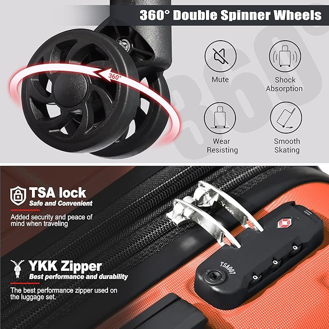 Classic Luggage Sets 5 Piece, Carry-On Luggage with Spinner Wheels, Lightweight Hardside Suitcase Set with TSA Lock, Bonus Travel Backpack & Makeup Bag, 20/24/28 inch, Orange