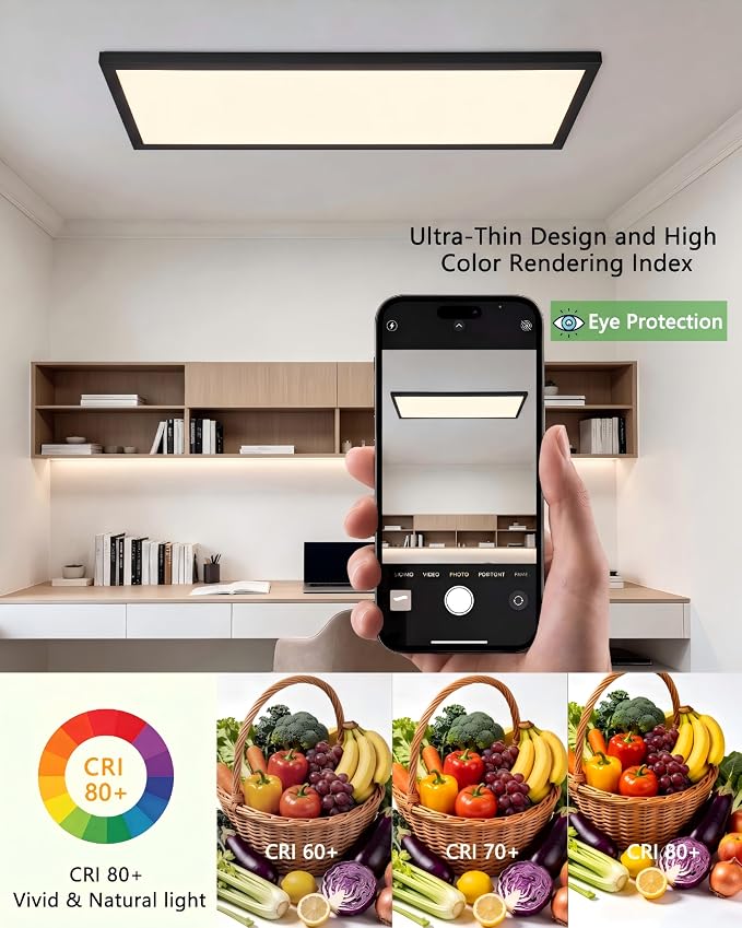1Pack Black 37.8In Flush Mount Ceiling Light, 24W 5280lm Thyristor (TRIAC) Dimmable Rectangle LED Ceiling Light,3-CCT 3000-6500K with Memory Funcation,IP54 for Kitchen/Bathroom/Hallway/Office