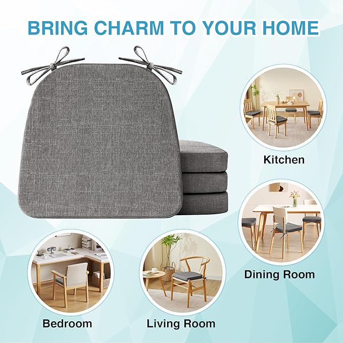 Chair Cushions for Dining Chairs Set of 4, Non Slip Kitchen Chair Pads, 17" x 16" x 2", Indoor Dining Chair Cushions with Ties, D-Shaped Seat Cushions for Kitchen Chairs, Dark Grey