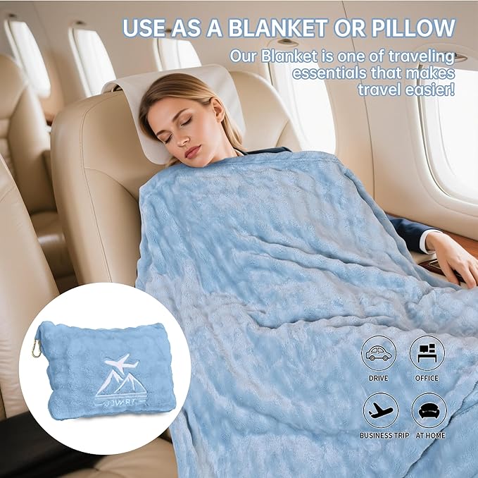 Travel Blanket and Pillow-2-in-1, Ultra-Soft&Compact, Airplane Blanket with Hand Luggage Belt and Backpack Clip,Travelers Accessories Gifts, 61x43 Inches（Blue）