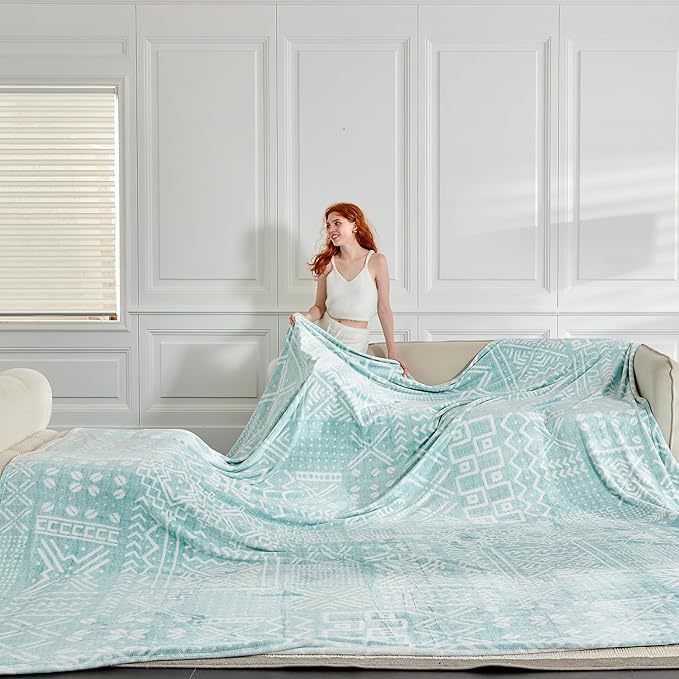 Soft Cozy 120x138 Inches Seamless Oversized King Fleece Blanket, Giant 10'x11.5' California King Blanket Extra-Large Flannel Blankets for Bed, Sofa, Couch, Travel, Symbol Light Blue