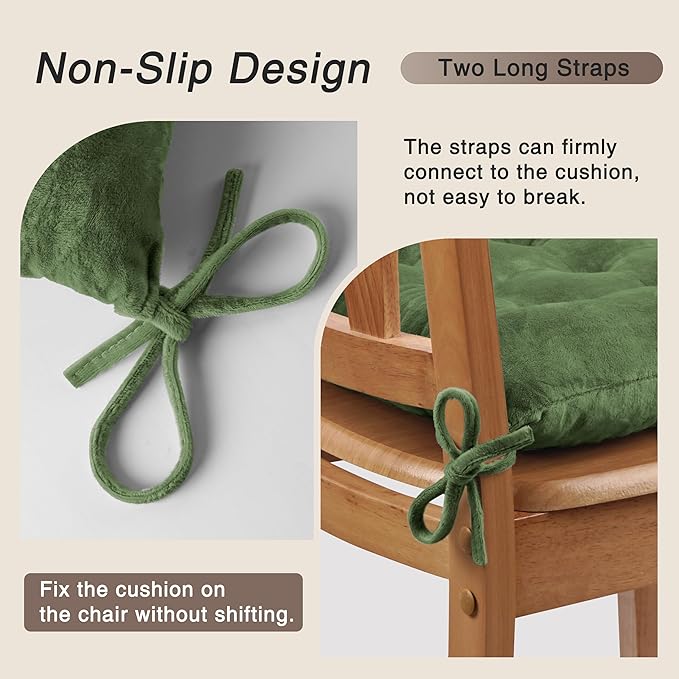 OVOV 2 Pack Chair Cushions for Dining Chairs Soft Seat Cushions for Kitchen Desk Chairs Square Chair Pads with Ties (15.5"x15.5" Green)