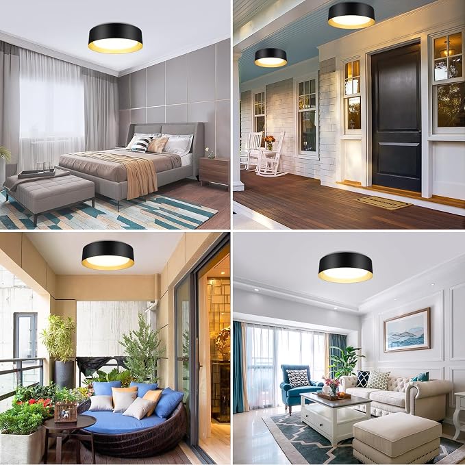 Flush Mount Ceiling Light, 13in Modern Ceiling Light 5 Color Temperature | 25W Bathroom Ceiling Light Fixture, 2600LM Dimmable LED Flush Mount Light for Bedroom, Hallway, Kitchen, Black & Gold, 2-Pack