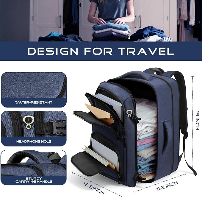 Travel Backpack for Men, Expanable Carry on Luggage Backpack, TSA 17.3 inch Laptop Bag Flight Approved, Lightweight Business Luggage Bag, Travel Gifts for Men Women, Blue
