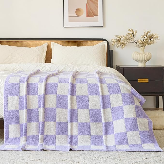 Checkered Blanket, Cozy Soft Throw Blankets for Couch Bed, Fluffy Plaid Lightweight Comfy Travel Picnic Blanket Gifts for Sofa Chair Living Room Camping (Lavender Purple, Throw 50"x60")