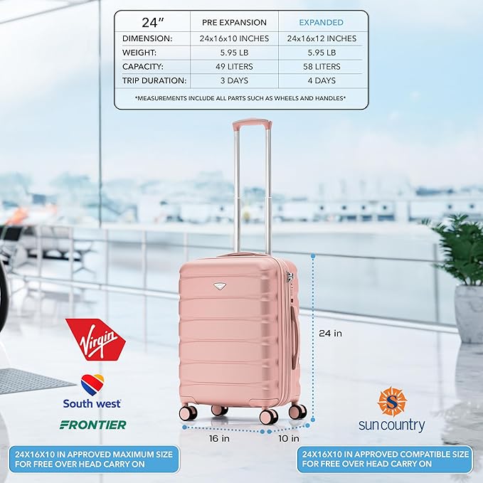 Flight Knight 24x16x10 Expandable Carry On Suitcase Hardside TSA Lock USB C Port Lightweight Luggage Silent Double Spinner Wheels Maximum Overhead Carry-On Bag For Virgin, South West Approved Pink