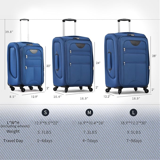 Merax Suitcase Set Softside 3-Piece Expandable Luggage with TSA Lock Spinner Wheels Lightweight Upright Luggage with Travel Bag(22/26/30 IN, Navy Blue)