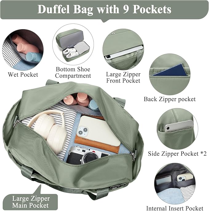 Travel Duffel Bags for Women, Carry-on Overnight Weekender Bag with Wet Pocket & Toiletry Bag, For Spirit Airlines 18x14x8 Personal Item Bag