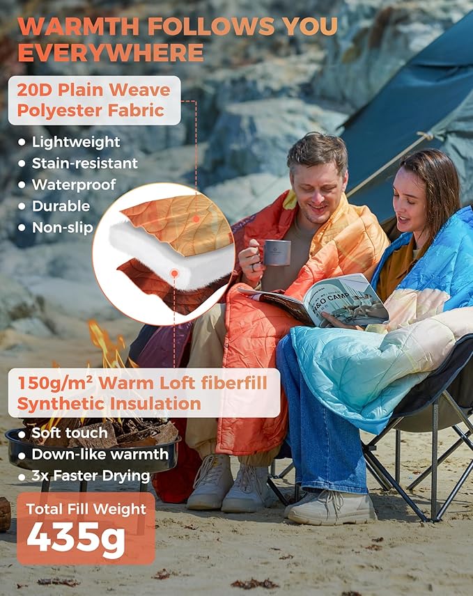KingCamp Ultralight Camping Blanket, Packable Down Alternative Puffy Printed Wearable Blanket with Snap Buttons & Corner Loops Weatherproof Quilt for Outdoor Travel Stadium (78.7" x 57.1", Cactus)