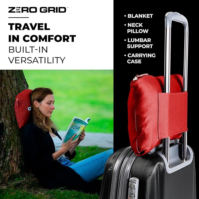 Zero Grid Lightweight Travel Blanket – Premium Compact Wearable Airplane Blanket with Neck Snaps, Cozy Foot Pockets, Zipper Pouch, converts to Soft Pillow for Ultimate Comfort - Scarlet
