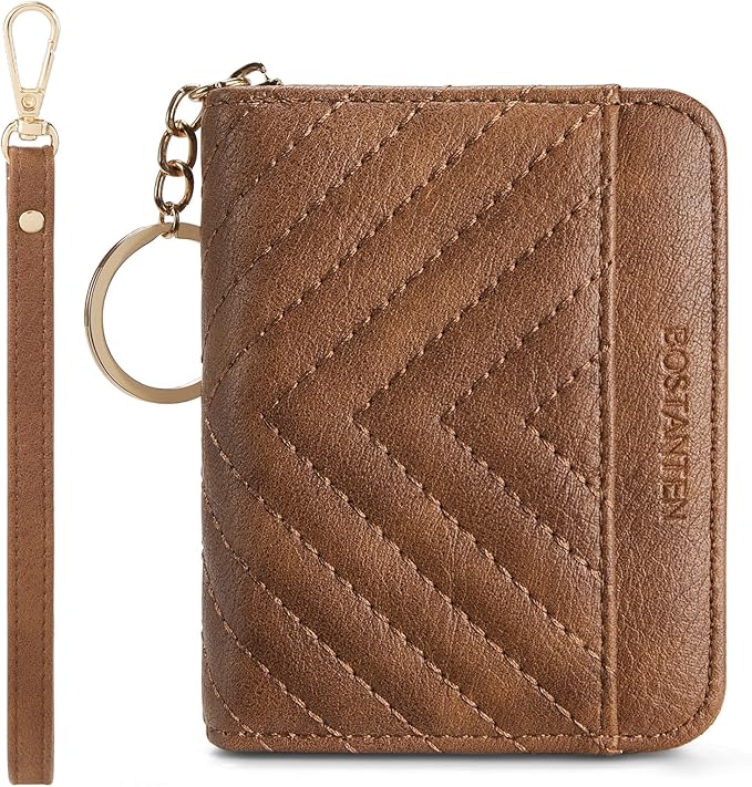 BOSTANTEN Credit Card Holder Wallet RFID Blocking Leather Small Wallet for Women Zipper Keychain Wallet with Wristlet Brown