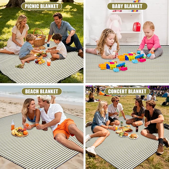 G GOOD GAIN Waterproof Picnic Blanket, 79"x79" Extra Large Beach Mat for 6 to 8 Adults, Machine Washable Outdoor Blanket for Camping, Grass, Park, Camping, Concerts, MiddleGreen