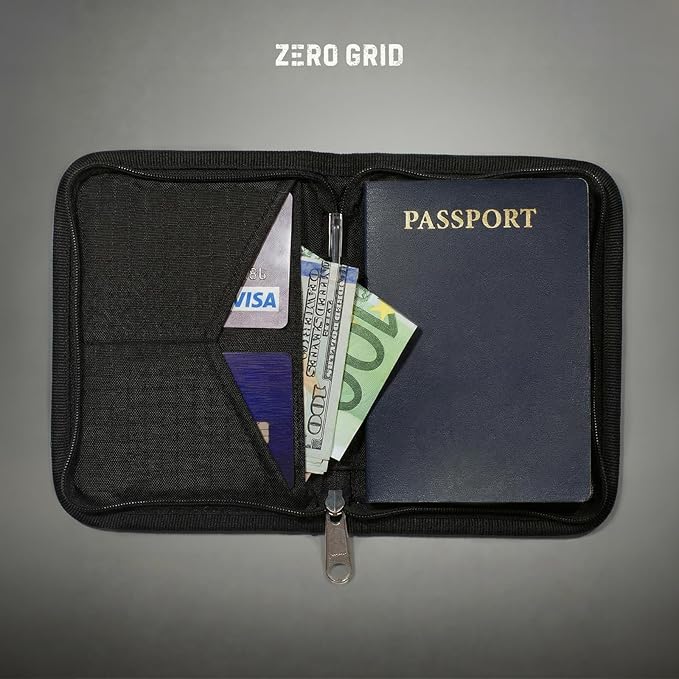 Zero Grid RFID Passport Holder & Travel Wallet, Zippered Wallet for Men & Women, Fits Passport, Cards, Cash, Tickets, ID, Sim Card; Premium & Compact Travel Document Holder - Midnight Black