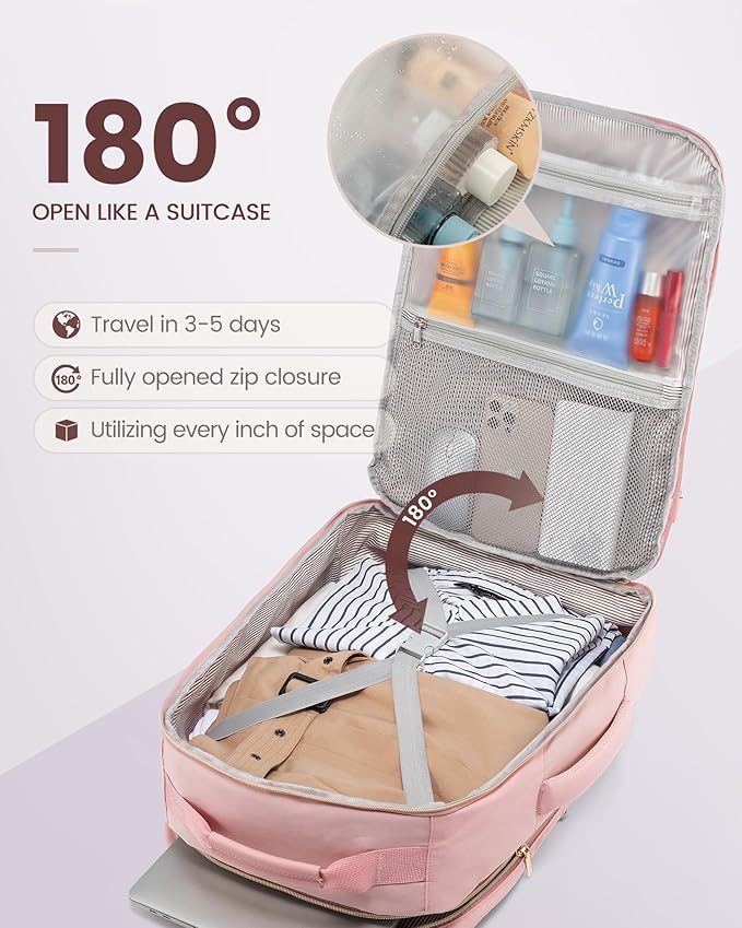 LOVEVOOK Travel Backpack for Women & Men 40L,Airline Approved Carry On Backpack Travel Essentials,TSA Carry on Luggage,Waterproof Personal Item Travel Bag,Suitcase with 3 Packing Cubes,Pink-Pink