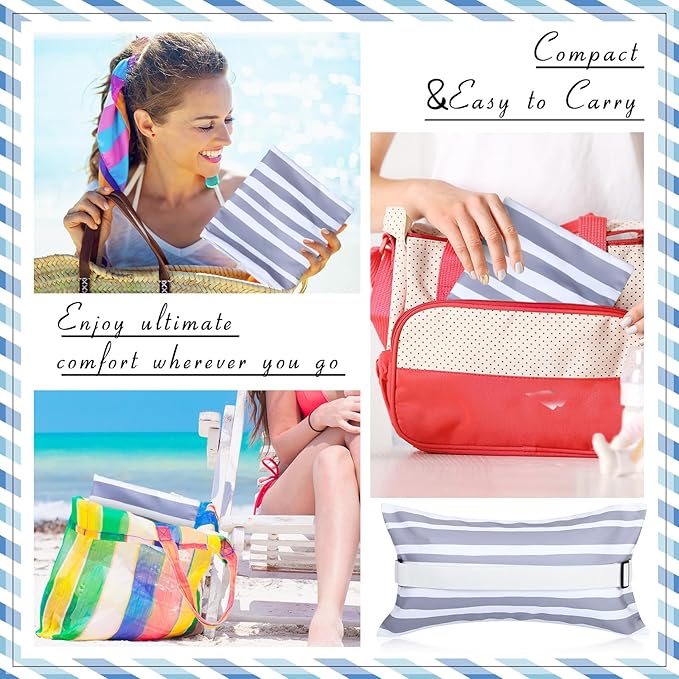 Menkxi 17"x10" Inflatable Beach Pillow with Removable Cover, Beach Chair Backpacking Pillow with Strap Stripe for Summer Sand Pools Travel Vacations(Gray White)